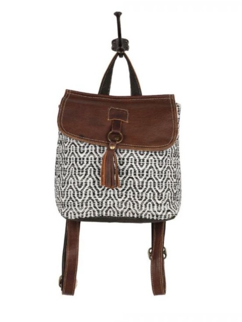 Myra Bag Brown Leather and Black Patterned Backpack